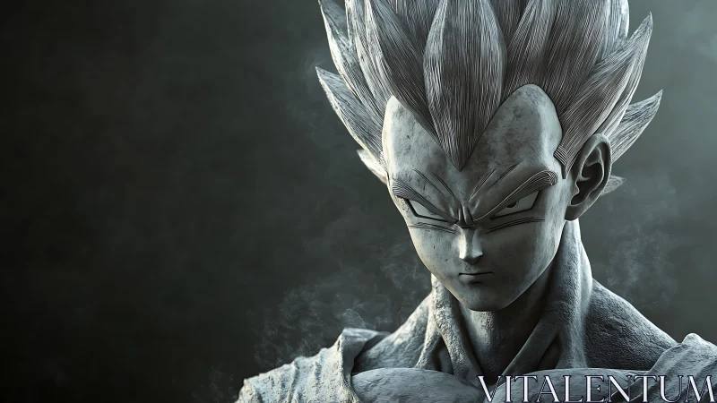 Stone-textured spiky-haired warrior rendered in cinematic 3D.