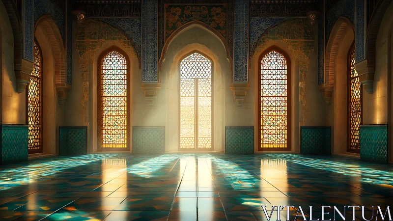 Sunlit mosaic hall glowing with patterned windows and calm.