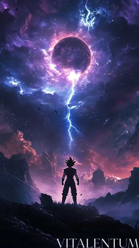 Silhouetted figure beneath storm-lit celestial sphere.