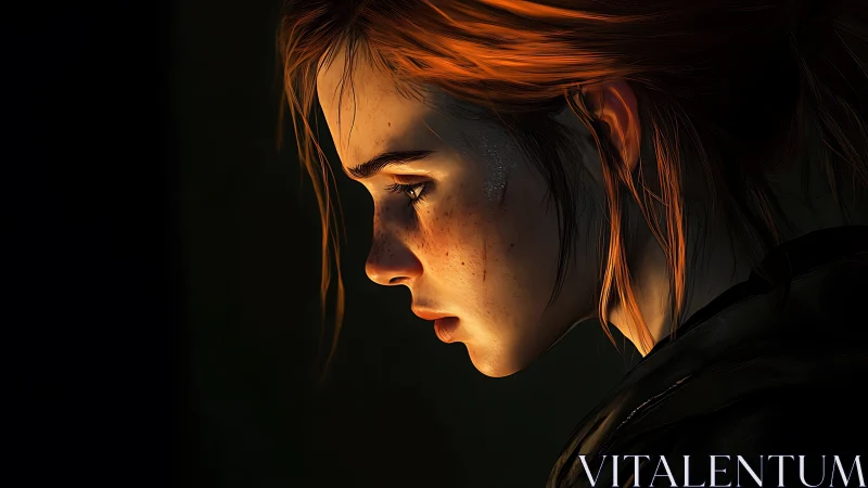 Quietly glowing profile of a thoughtful red haired girl.