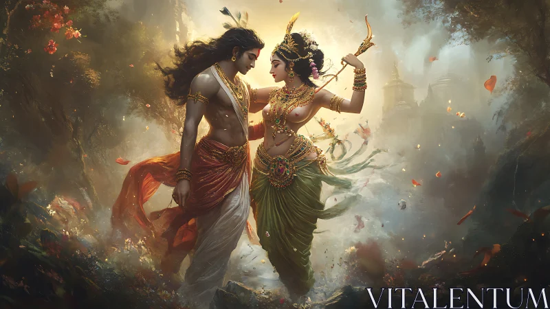 Mythic warrior couple poised in luminous forest tableau