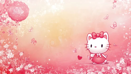 Cute cartoon cat in pink floral and butterfly scene.