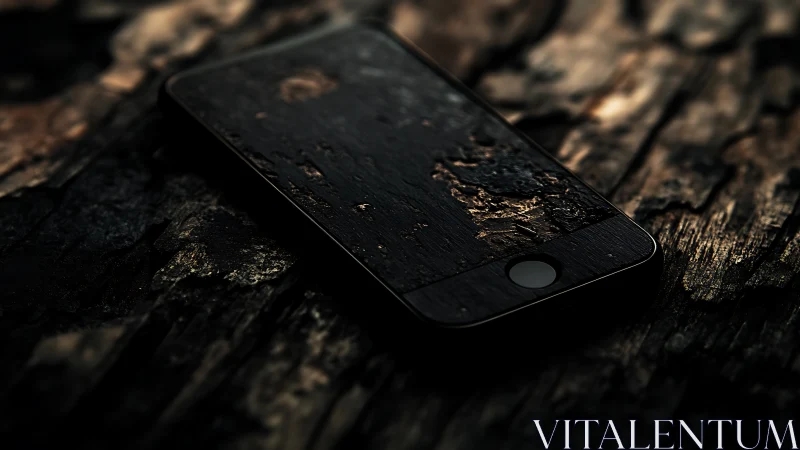Smartphone lying on weathered wooden surface in low light.