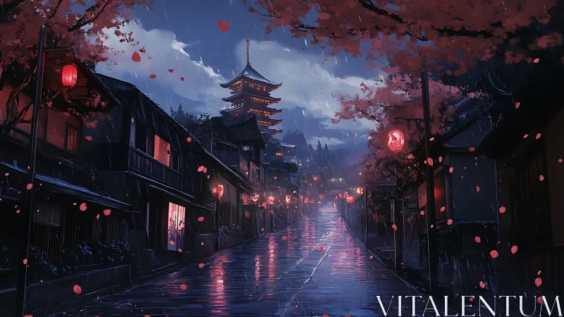 Rain-drenched Kyoto lane under lantern glow and pagoda night.