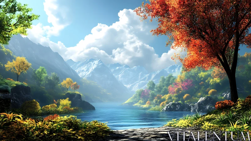 Sunlit mountain lake shimmers beneath vivid autumn foliage