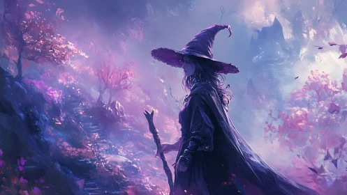 Moonlit witch wanders through a glowing enchanted forest