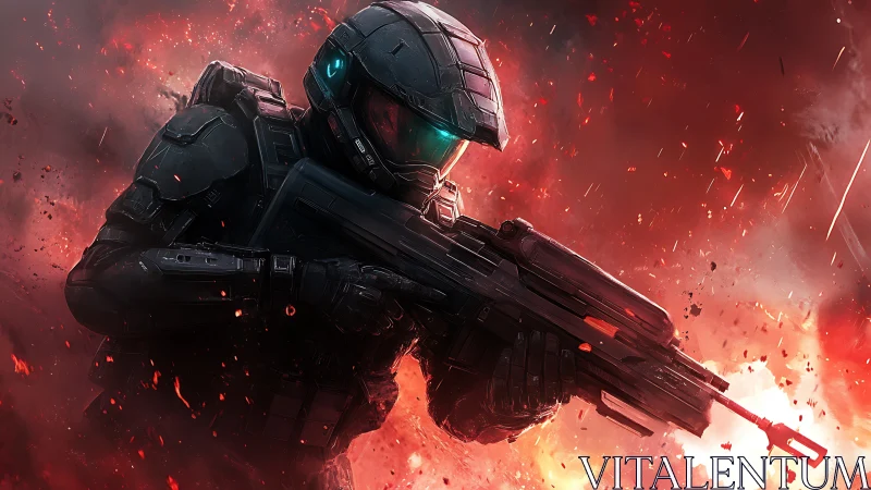 Armored sci fi soldier charging through explosive battlefield.