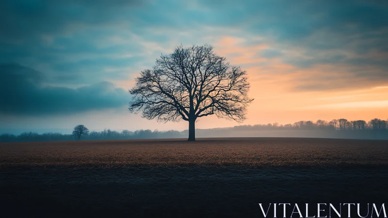 Solitary Tree in Misty Field at Sunrise, Moody Landscape Photography.