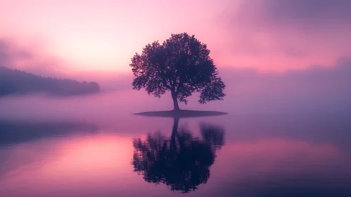 Gentle sunrise tree reflected on a dreamy misty lake.