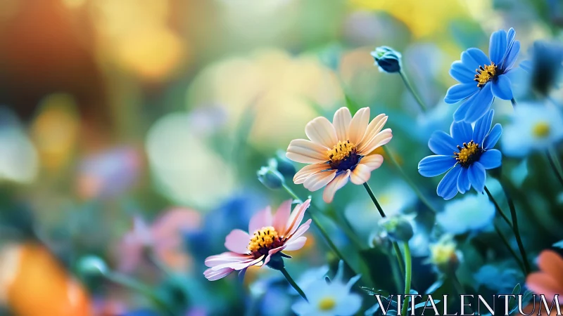 Vibrant Cosmos Flowers Blooming. Golden Sunlight Moment.