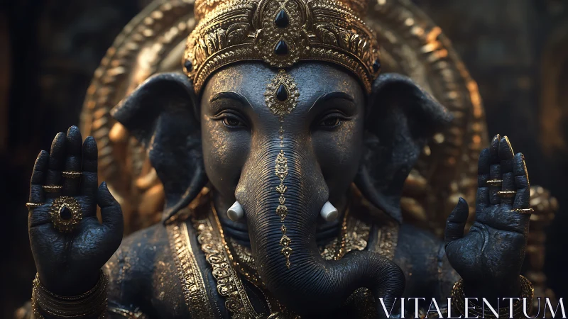 Golden Ganesha statue glows softly in reverent temple light