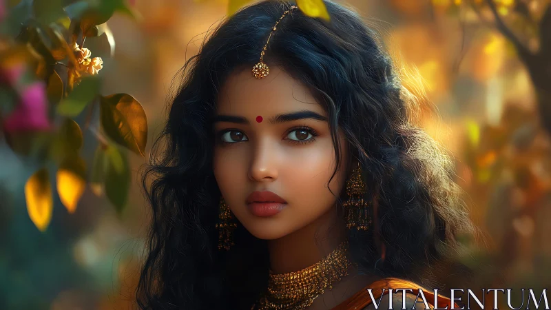 Digital portrait of woman in golden autumn forest glow.