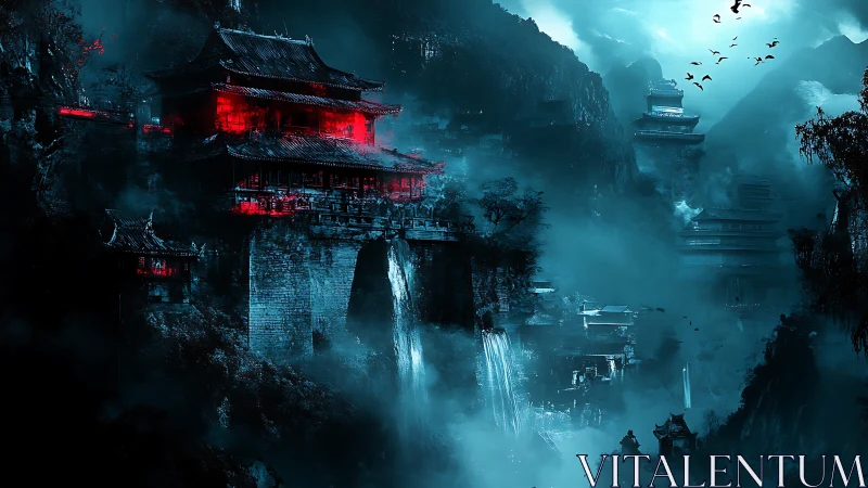 Spectral mountain citadel with cyan mists and red-lit pagodas.