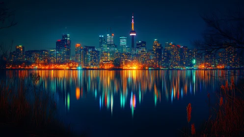 Neon skyline reflection with symmetrical waterfront composition.