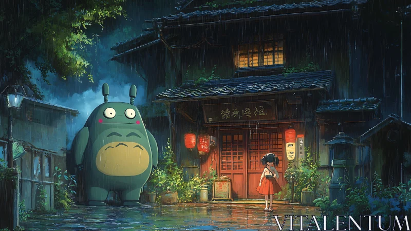 Rain-soaked alley encounter with towering forest guardian.