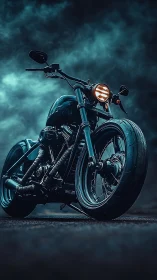 Custom black motorcycle under moody blue storm clouds.