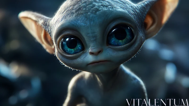 Tiny blue-eyed alien gazes forward in soft cinematic light.