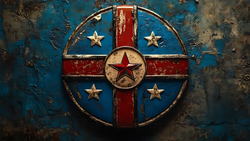 Weathered circular emblem with red and blue star motif design.