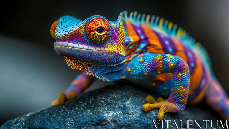 Chromatic chameleon portrait with hyperreal scale detail.