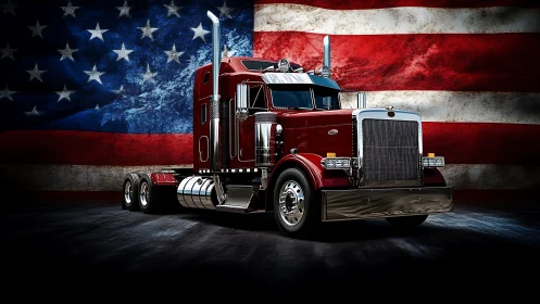 Chromed American semi-tractor against grunge flag backdrop.