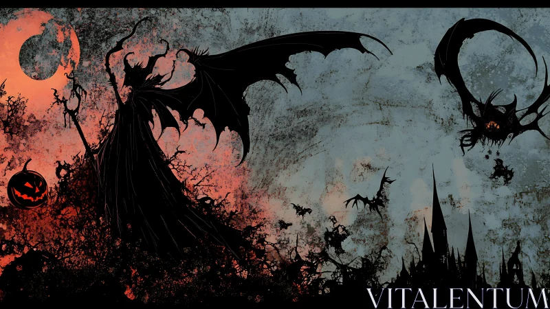 Silhouetted winged figure over gothic landscape at dusk.