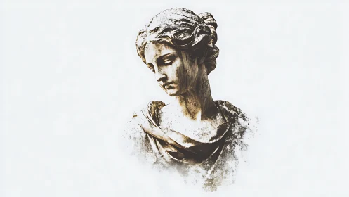 Weatherworn marble muse adrift in soft white silence.