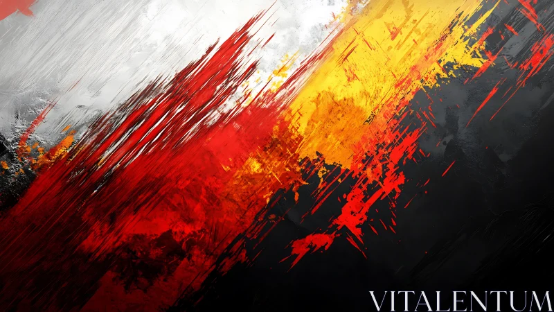 Diagonal red, yellow and monochrome strokes intersect canvas