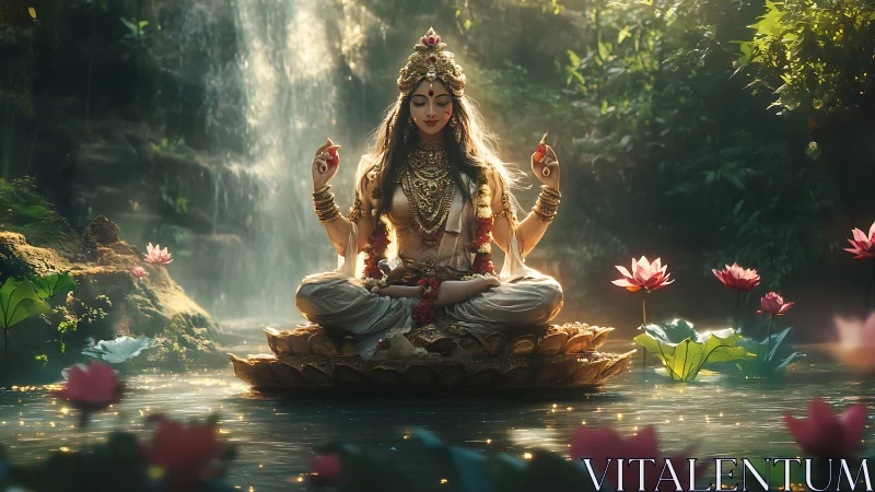 Lotus-born goddess glows in misty waterfall forest sanctuary.