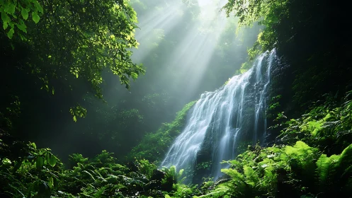 Sunlit Cascades Through Emerald Forest Canopy.