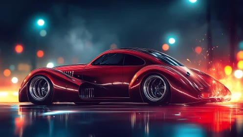 Sleek crimson coupe glows against a dreamy neon night street