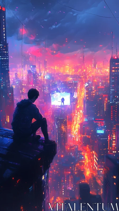 Lone figure watches neon cyberpunk city ignite at dusk.