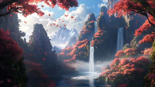 Cascading waterfalls in crimson forested canyon basin panorama.