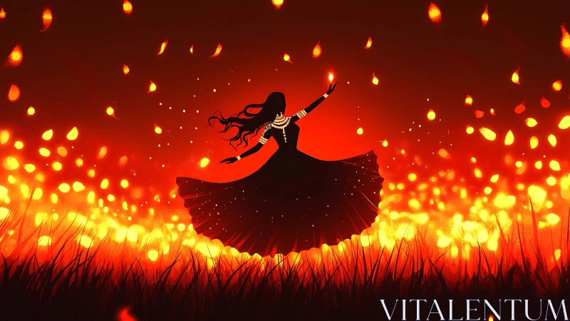 Silhouetted female figure amid floating firelight in field.