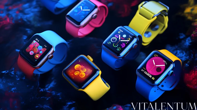 Vibrant smartwatches with high-saturation bands under studio lighting
