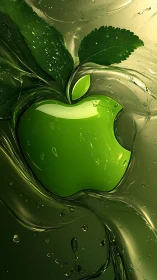 Luminous green apple drifting through liquid leaflight.