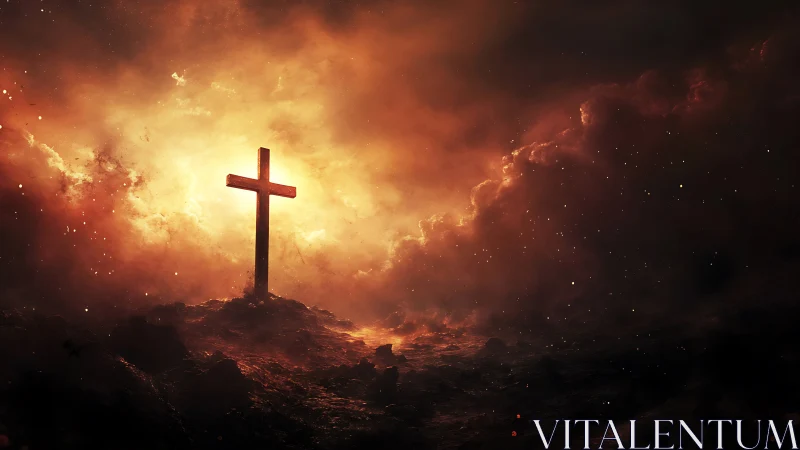 Lone wooden cross in volcanic dusk cloud illumination