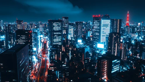 Neon city skyline glowing with cool blues and warm reds.