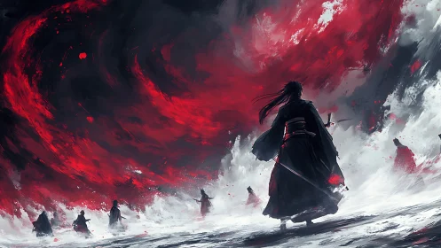 Lone warrior faces red storm and distant figures in battle