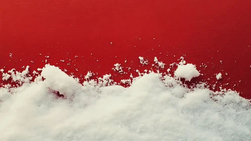 Snow piled along vivid red wall in simple winter scene.