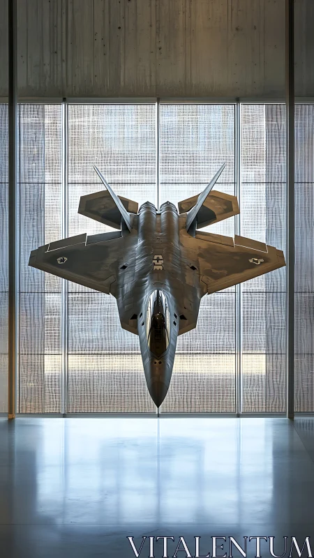 Stealth jet pauses mid-pounce inside a glassy cathedral of light