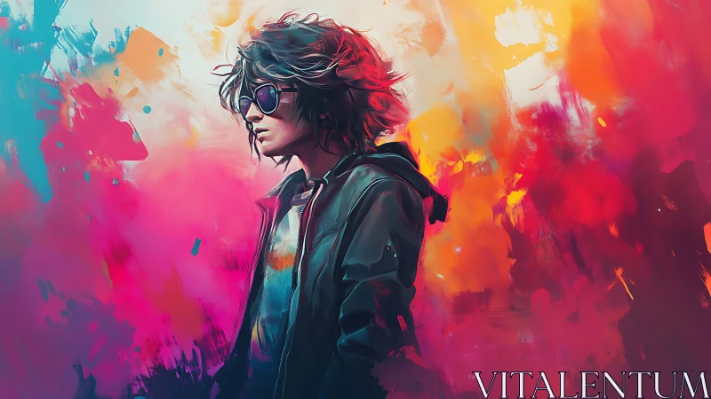 Neon street youth in leather jacket amid abstract color storm.