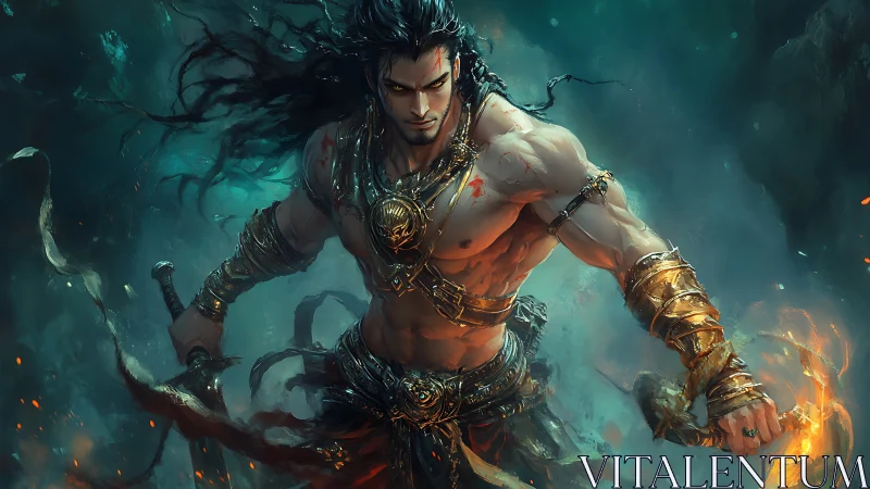 Fire-wreathed warrior charging through stormlit battlefield.