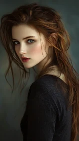 Intense digital portrait of young woman in dark clothing.