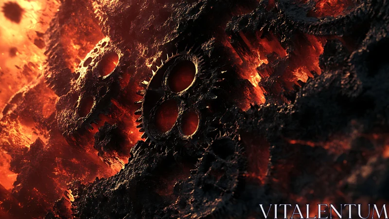 Molten industrial gears embedded in burning rock.