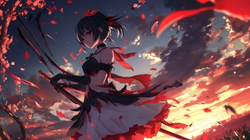 Scarlet warrior girl stands strong in a glowing sunset sky
