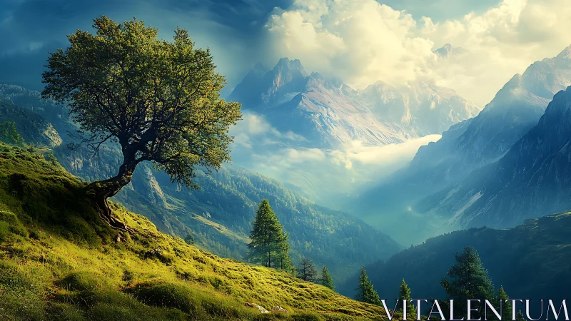 Lone hillside tree overlooking volumetric-lit alpine valley.