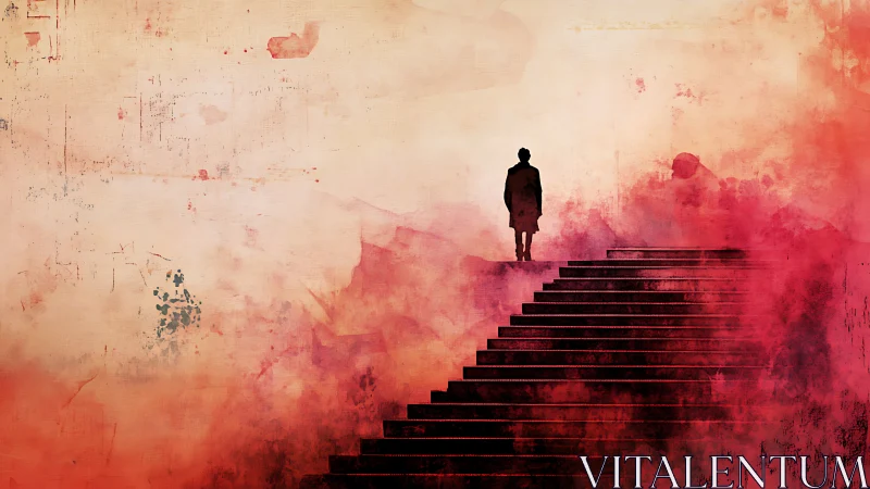 Solitary human figure stands above geometric red staircase