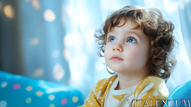 Toddler with Curled Auburn Hair, Blue Eyes, Yellow Polka Dot Cardigan
