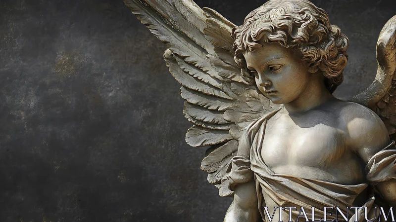Stone winged cherub statue is positioned against dark wall