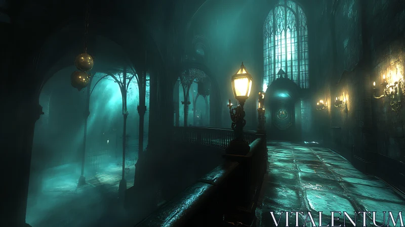 Volumetric-lit gothic corridor with wet stone and lamppost caustics